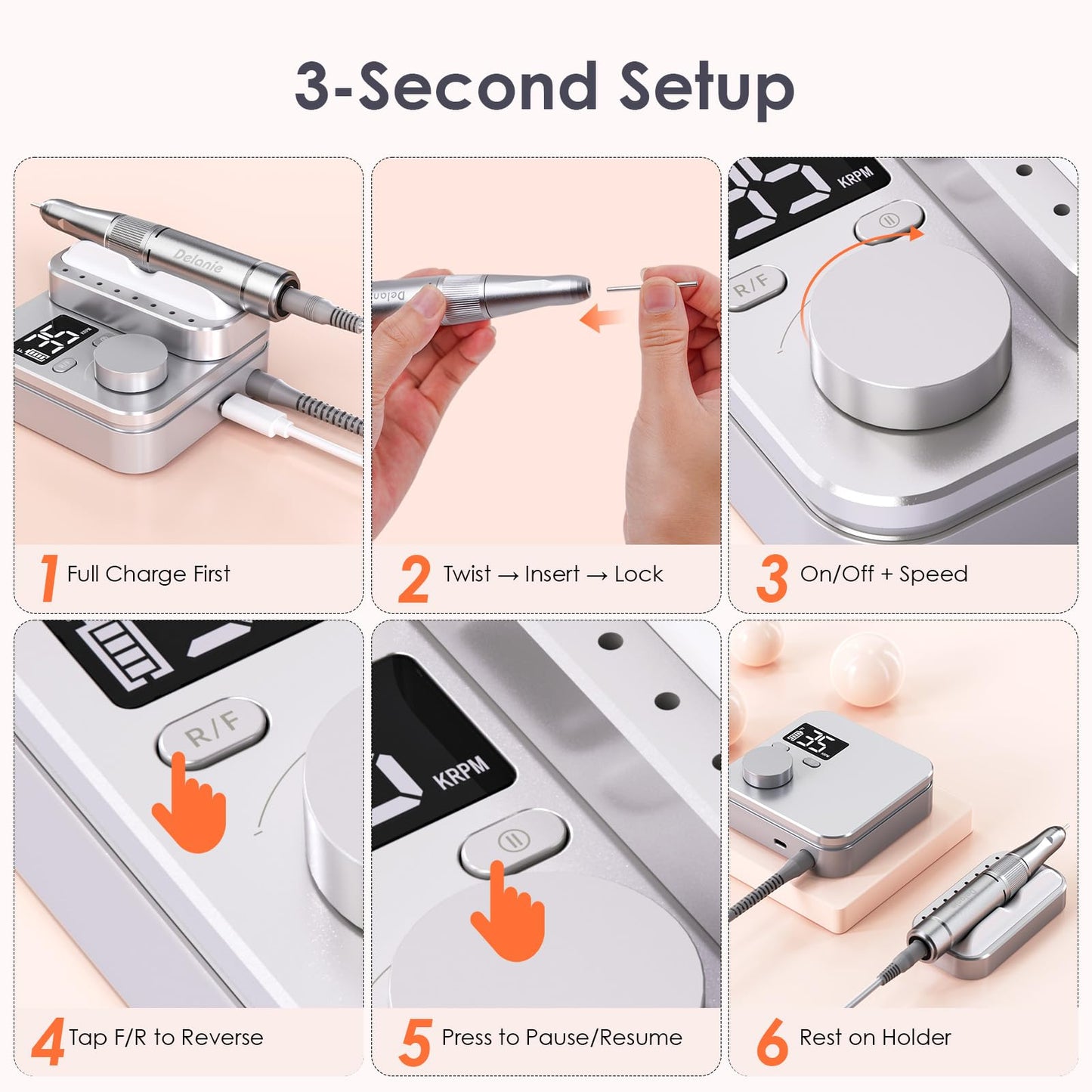 Delanie Electric Nail Drill Machine 35000 RPM, E File for Nails Professional with Magnetic Handpiece Holder, Rechargeable Electric Nail File with 7 bits & 36 Sanding Bands for Manicure Pedicure