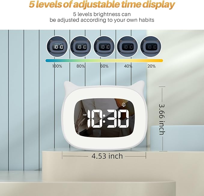 Cute Cat Ear Alarm Clock with Night Light for Bedroom,White