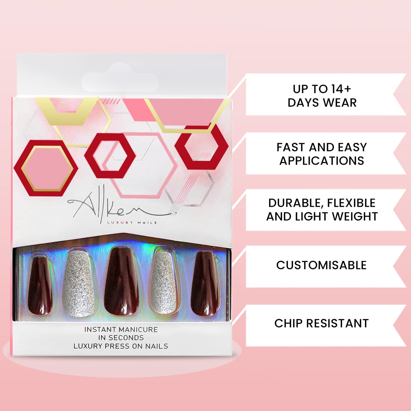 Allkem Press On Nails - Fusion Maroon Glossy Medium Long Ballerina | 10 sizes - 20 pcs Coffin Nail kit with Glue
