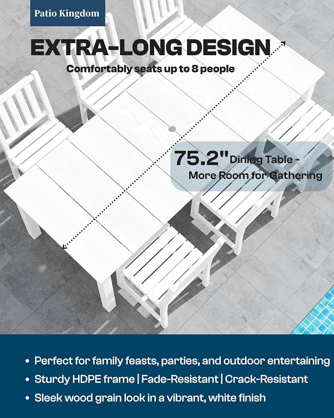 7-Piece White Outdoor Dining Set with White 15FT Large Patio Umbrella, 75.2'' HDPE Table & Chairs for 6, Weather-Resistant Furniture with Umbrella Hole for Patio, Lawn, Poolside