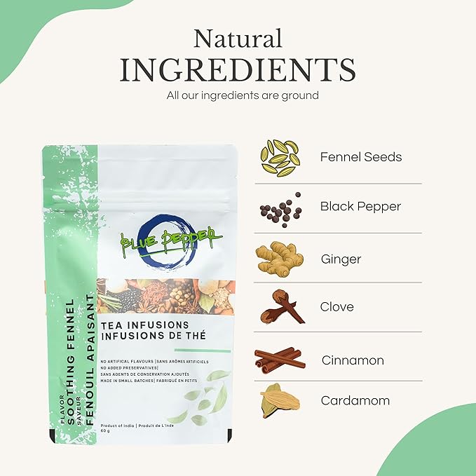 Blue Pepper Soothing Fennel Herbal Tea Blend - Natural Tea Infusion, Made in Small Batches, No Artificial Flavors or Preservatives, 60g - Caffeine Free