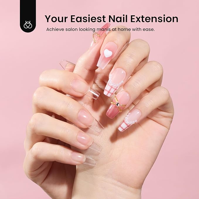 Beetles Gel Nail Kit Medium Coffin with Nail Dehydrator and Primer, 576Pcs Half Matte Etch-X Gel Nail Tips Solid Nail Glue Mini Nail Lamp Acrylic Nail Tips Easy DIY Nail Extension Set Gift for Women