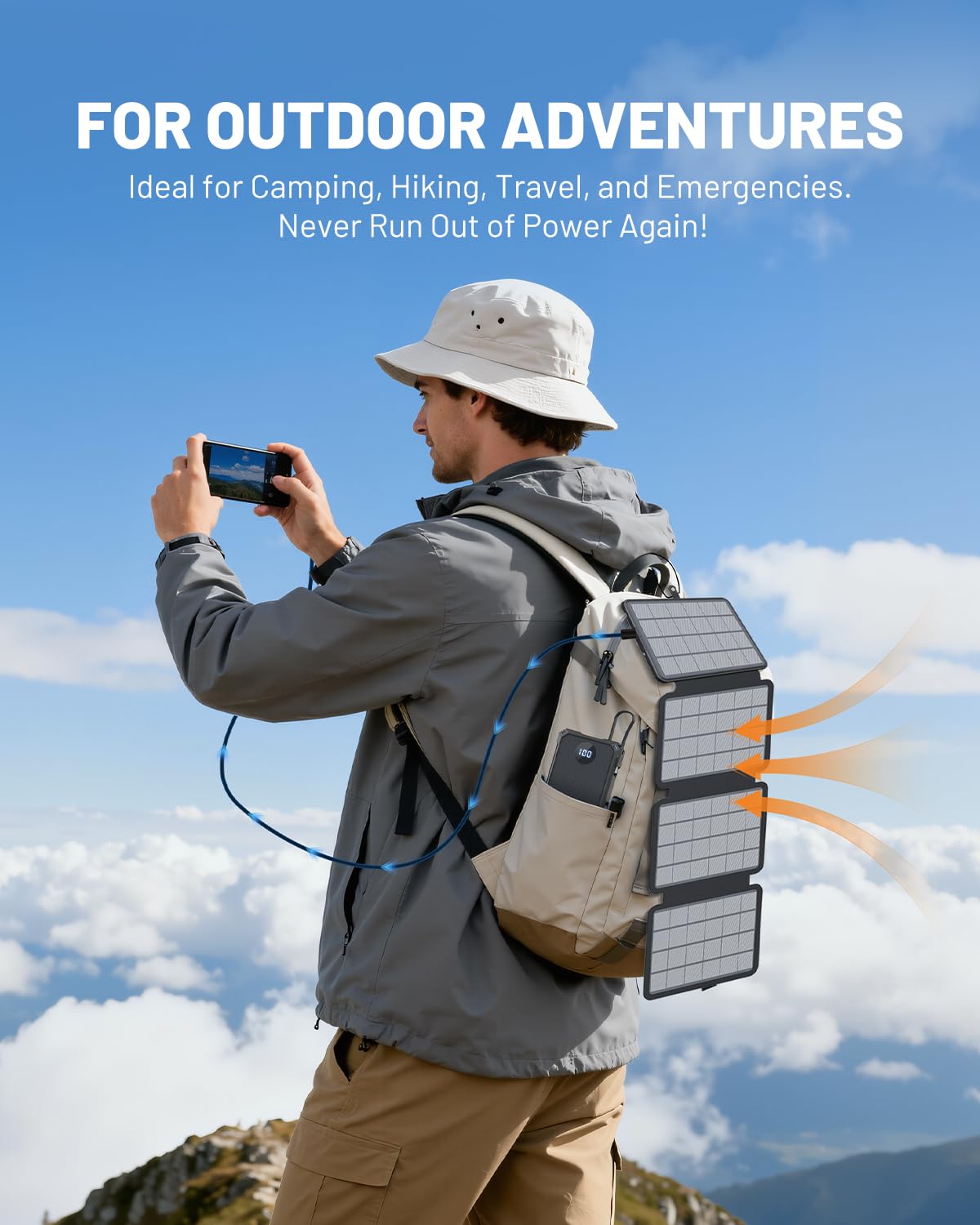 SOLUPUP Solar Charger Power Bank 10000mAh with 5-Port Fast Charging 4 Foldable Panels, Wireless Charging External Battery Pack, USB-C in/Output & IP67 Waterproof Flashlight for Camping Hiking Outdoor