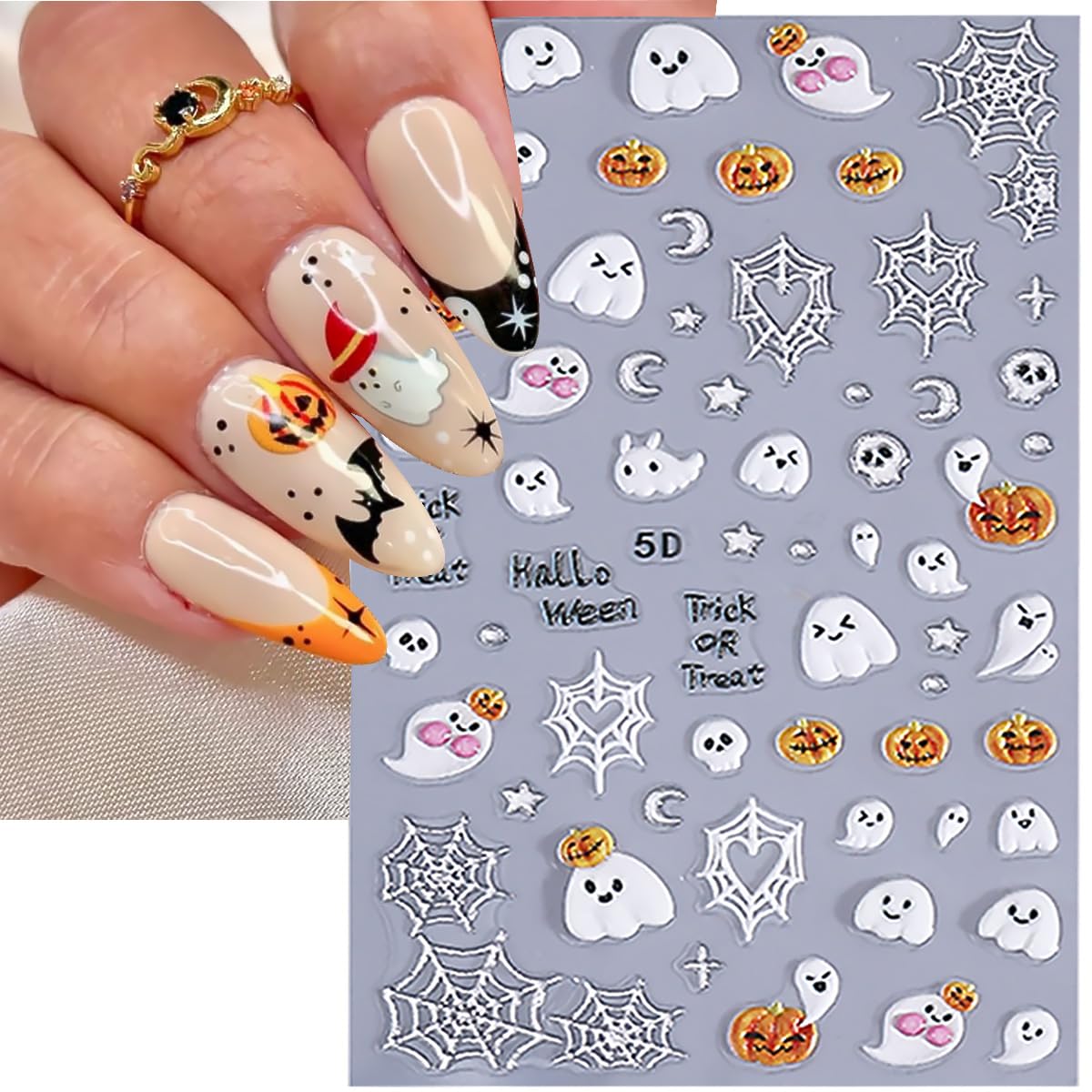 3 Sheets Halloween 5d Embossed Cute Ghost Nail Art Stickers Self Adhesive Pumpkin Spider Web Nail Decals Exquisite Star Moon Nail Design Stickers Holiday Nail Art Supplies for Women Decorations Tips