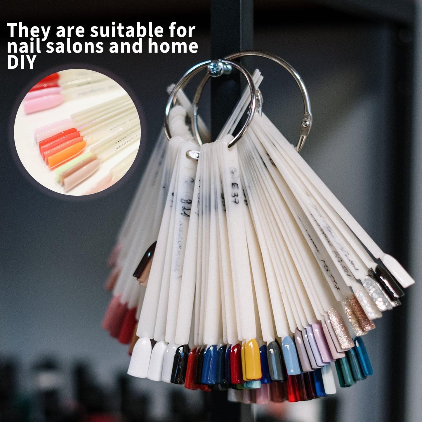 CZWESTC 300 Pcs Nail Swatch Sticks with Ring, Nail Sample Swatches for Gel Polish Color Display, Nail Salon, Home DIY Accessories (50 pcs/string)