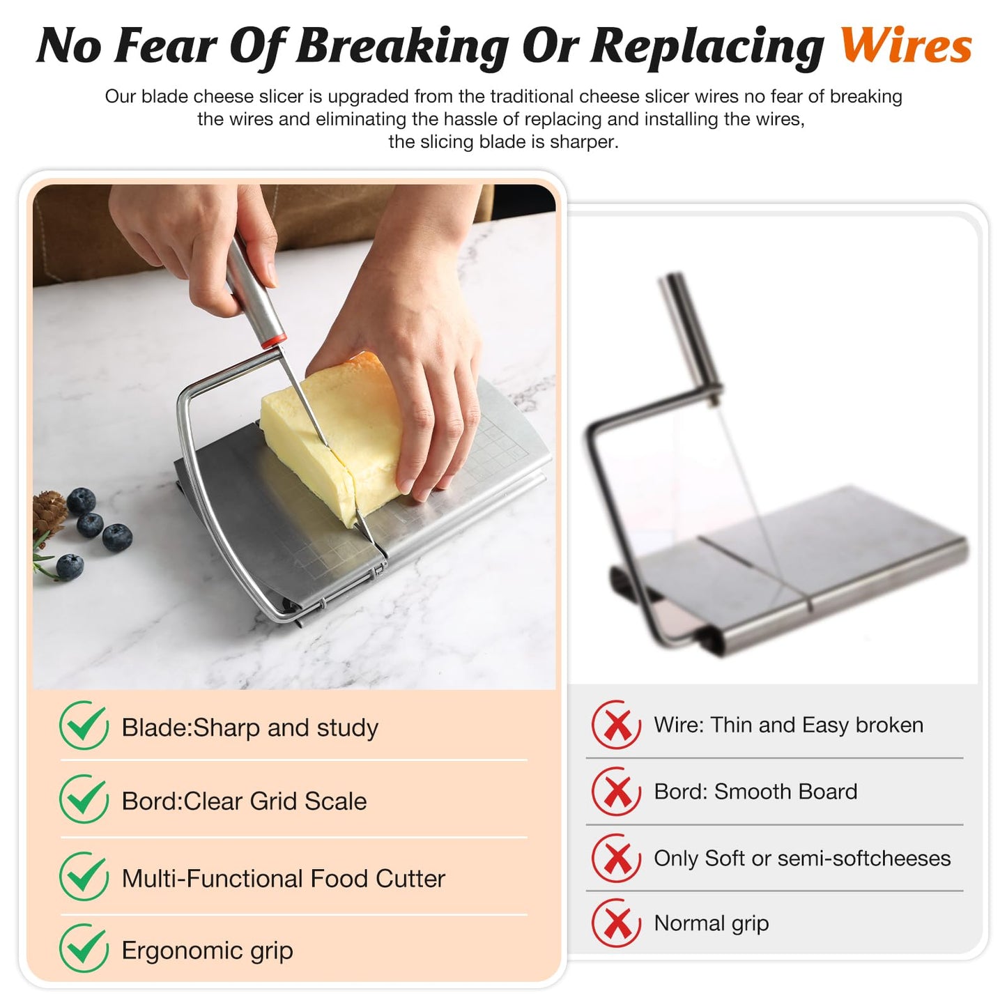 DGLOZE Cheese Slicer Cutter, Stainless Steel Cheese Cutter Board with Blade for Block Cheese, Vegetables, Butter, Sausages, Bread
