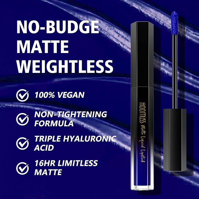 Blue Lipstick Long Lasting, Matte Liquid Lipsticks for Women Non Transfer Smudgeproof Smooth and Easy to Appy Cruelty Free Lip Color, M58
