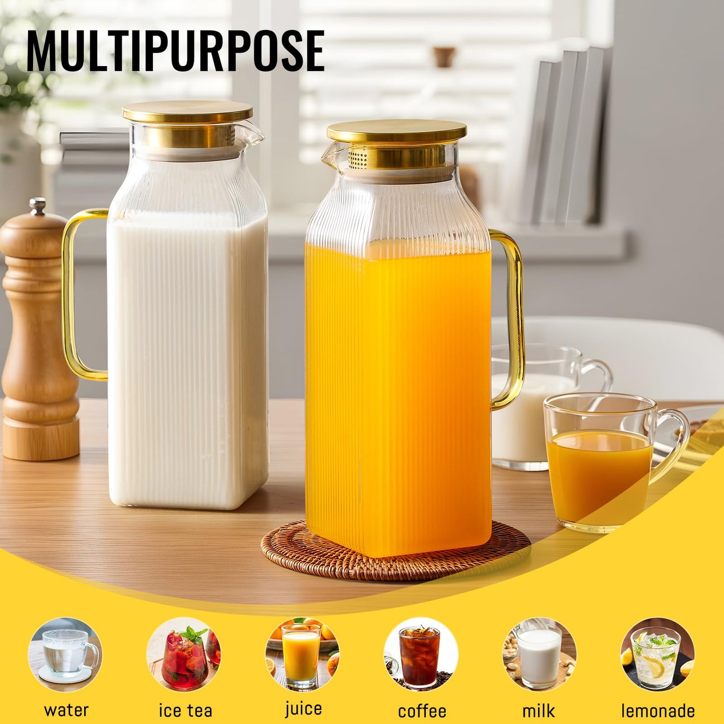 4 Pack 2 Liter/68 oz Square Glass Pitcher with Lid, Classic Stripes Water Pitchers with Handle for Fridge, Large Jug for Iced Tea, Coffee, Borosilicate Glass Carafe for Hot/Cold Brew Drink, Gold