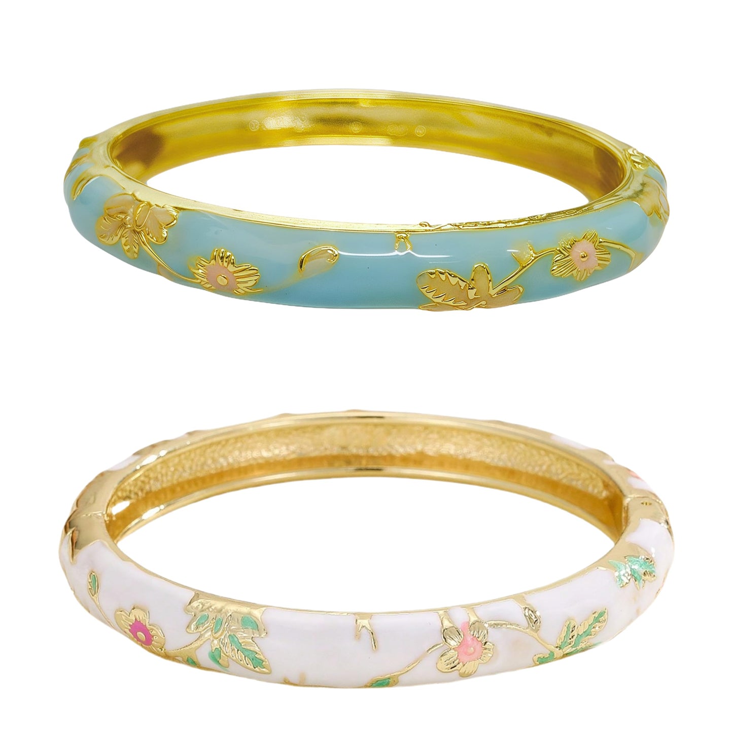 Cloisonne Bracelet For Women, Chunky Bangle Trendy Cute Flower Enamel Bangles Multi Tone Engraved Cuff Gold Plated Bracelets Stackable Wife Jewelry Friendship Gift (Blue&White Set, One Size)
