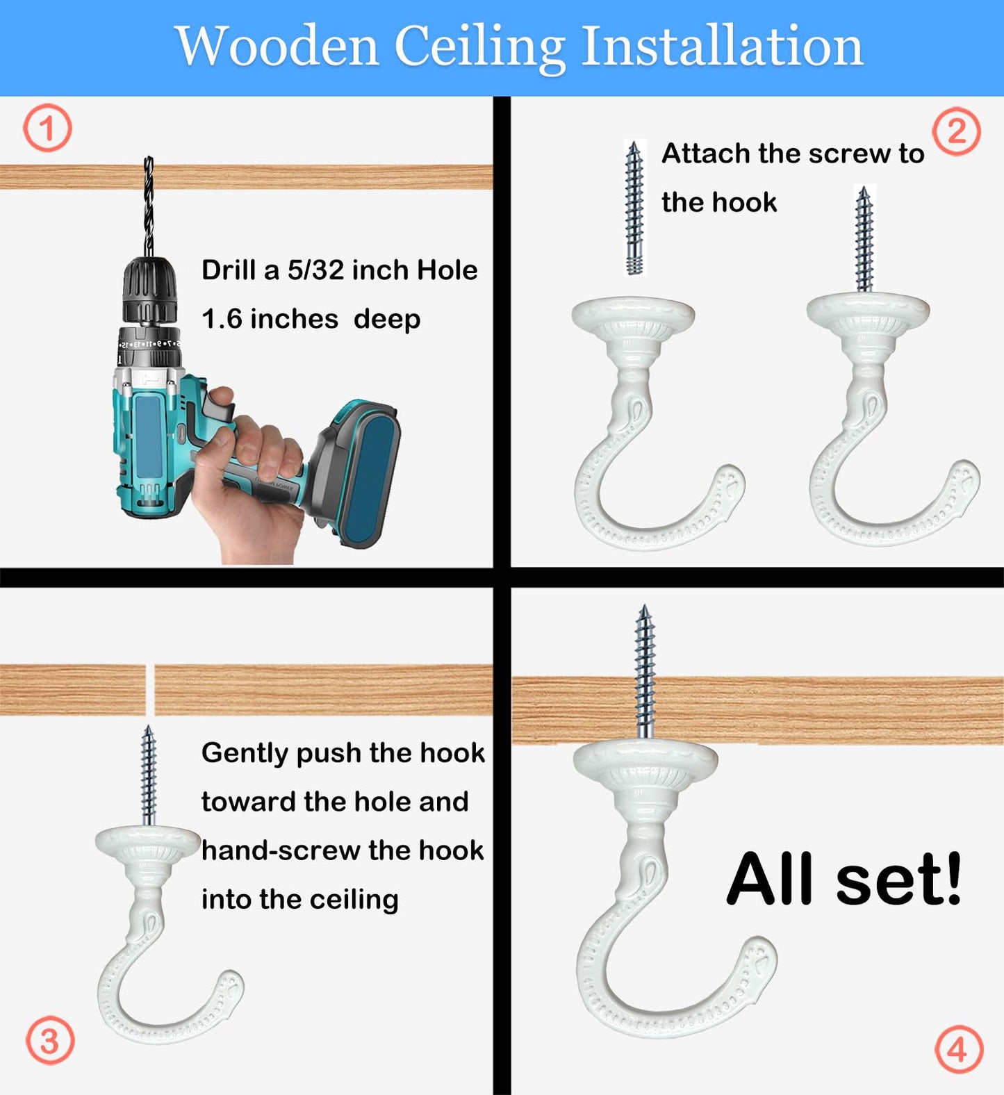 Evsteluo 4 Sets Heavy-Duty Ceiling Hooks with Complete Kit – Fit Wood, Cement & Drywall Ceilings for Hanging Plants (White)