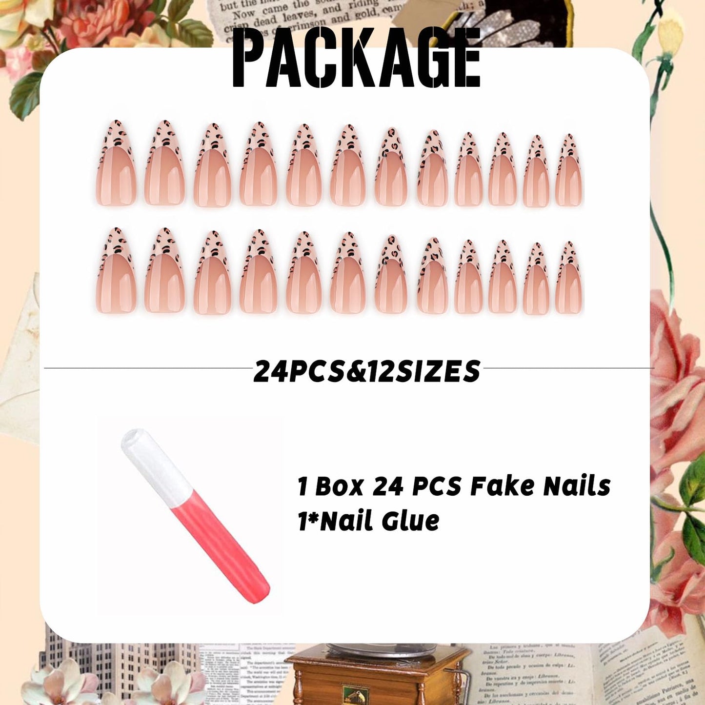 IMSOHOT Fall Press on Nails Long Stiletto Fake Nails Brown Leopard Print French Nail Tips Glossy Acrylic False Nails Autumn Stick on Nail for Women