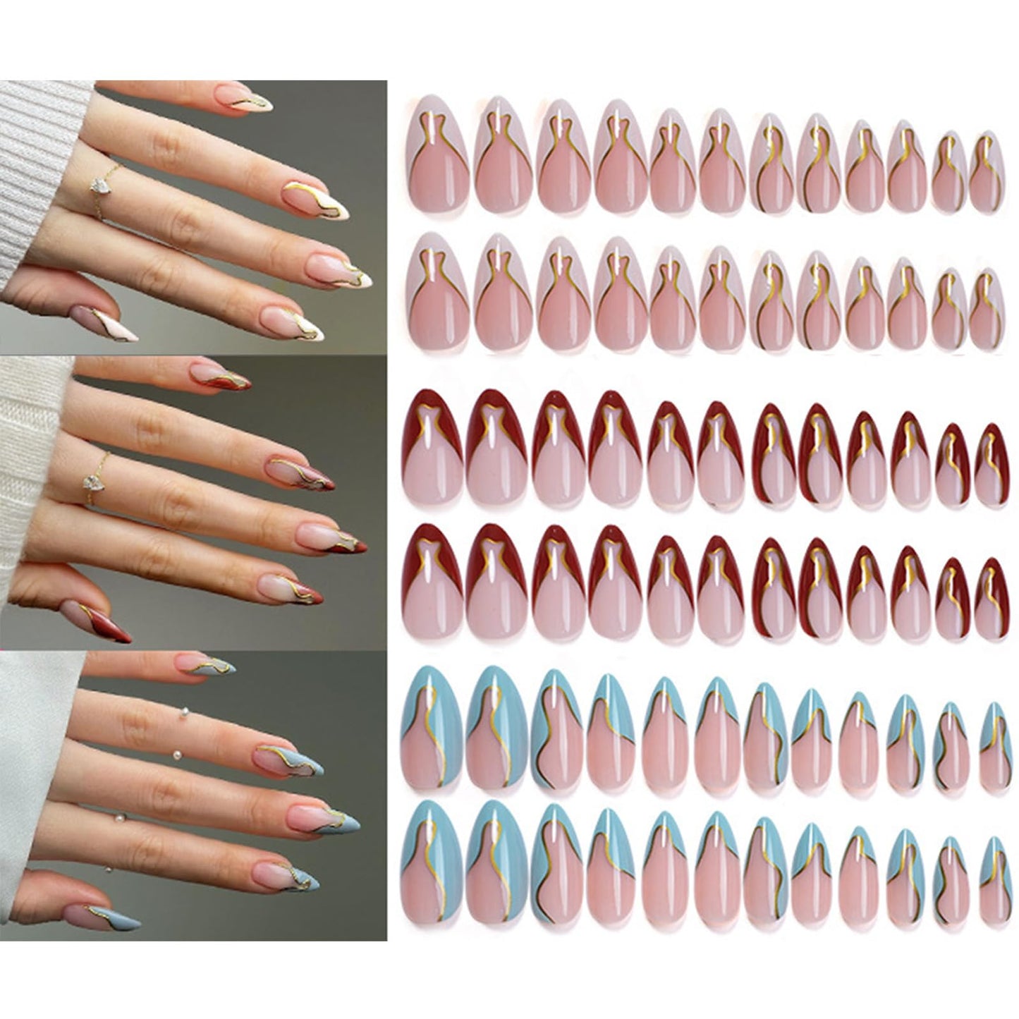 3Packs 72Pcs French Tip Press on Nails Medium Almond Fake Nails with Gold Stripes Line Designs Glue on Nails White Red Blue False Nail Tip Acrylic Nails Manicure Kit for Women Girls 12 Sizes
