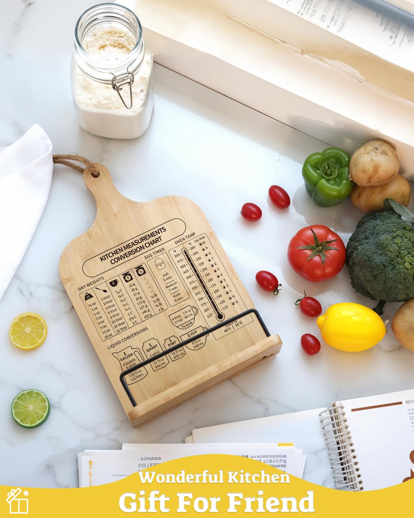 IKEDAS Bamboo Cookbook Stand, Sturdy Cook Book Holder, Recipe Book Holder with Measurement Conversion Chart, Cookbook Stand for Kitchen Counters, Essential Accessories for Holding Cookbooks