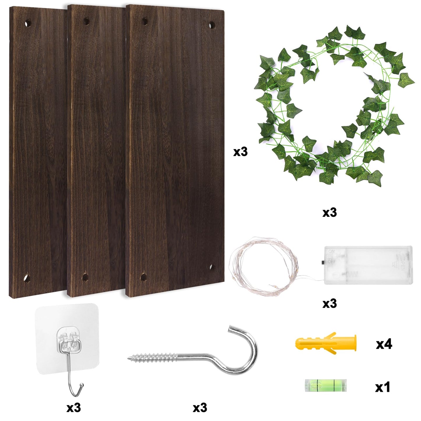 Fixwal Artificial Ivy LED-Strip Floating Shelves Set of 3, Macrame Hanging Shelves Plant Wall Decor, Rustic Boho Wood Wall Storage Shelves for Bedroom, Living Room, Bathroom Decor (Dark Brown)