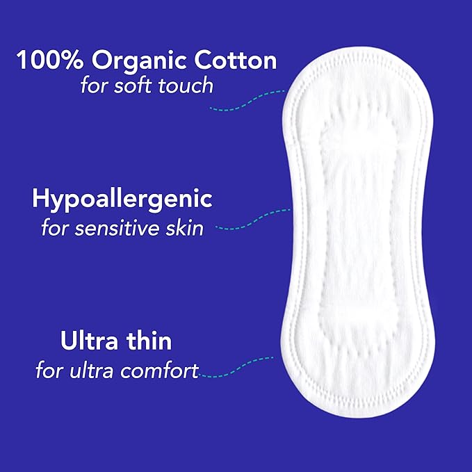 Marlow 100% Organic Cotton Pads - Free from plastic, fragrance, dyes, chlorine-bleaching, Ultra Soft, Leak Proof, Super Absorbent with extra sticky wings (Liners), White