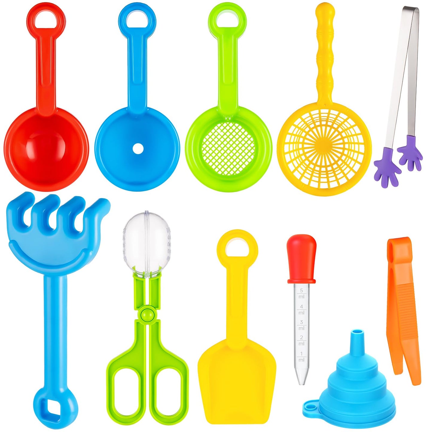 11 Pieces Sensory Bin Filler, Fine Motor Skills Handy Toys Set with 5 Scoops, Tweezers, Mini Silicone Tong, Scissors Clip, Dropper, Beach Shovels, Funnel, Sensory Bin Accessories Tools