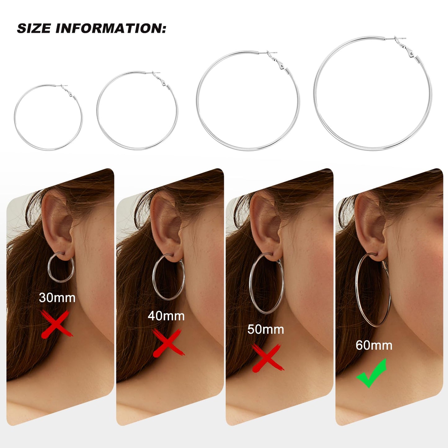 PICKBEAU Silver Dangle Hoop Earrings for Women, 14K White Gold Plated Stainless Steel Earrings Drop Hypoallergenic Hoops Earrings(60mm)
