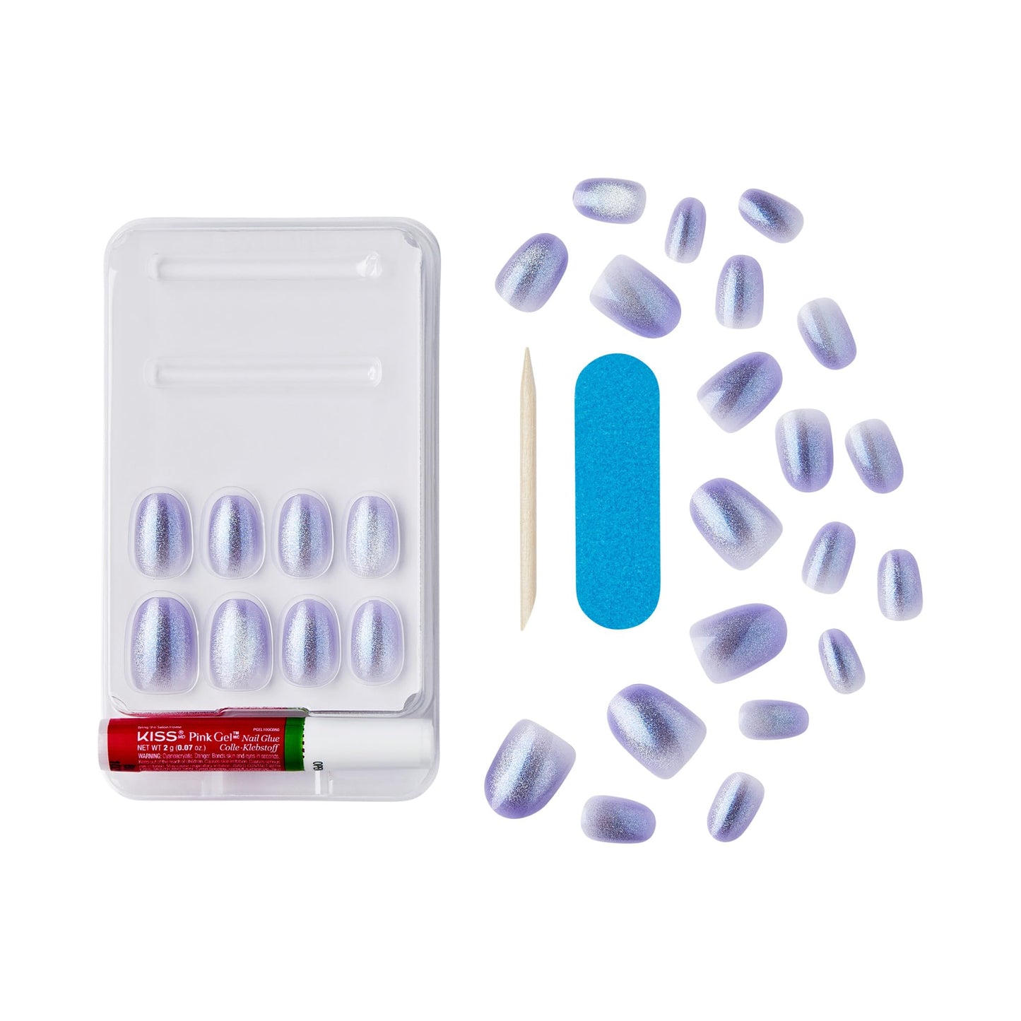 WICKED X KISS Press On Nails, ‘Ozdust’, Light Purple, Short Oval, Waterproof, Chip Proof, Smudge Proof, 28 Fake Nails, Pink Gel Nail Glue (2g), Mini Nail File, & Manicure Stick