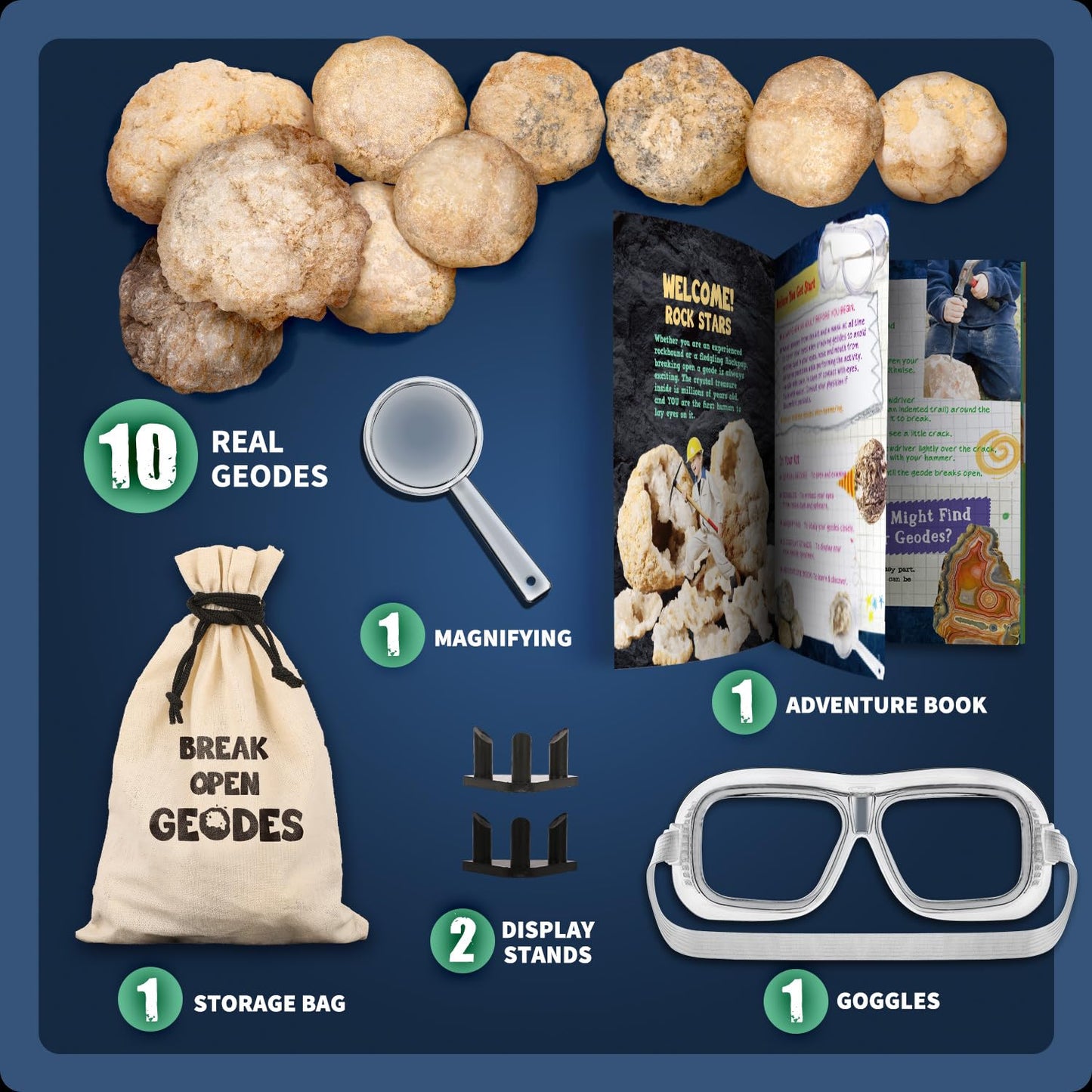 Break Open 10 Premium Geodes with Crystals – Great STEM Science Gift for Mineralogy & Geology Enthusiasts of Boys and Girls for Any Age - Includes Goggles, Learning Guide & 2 Display Stands