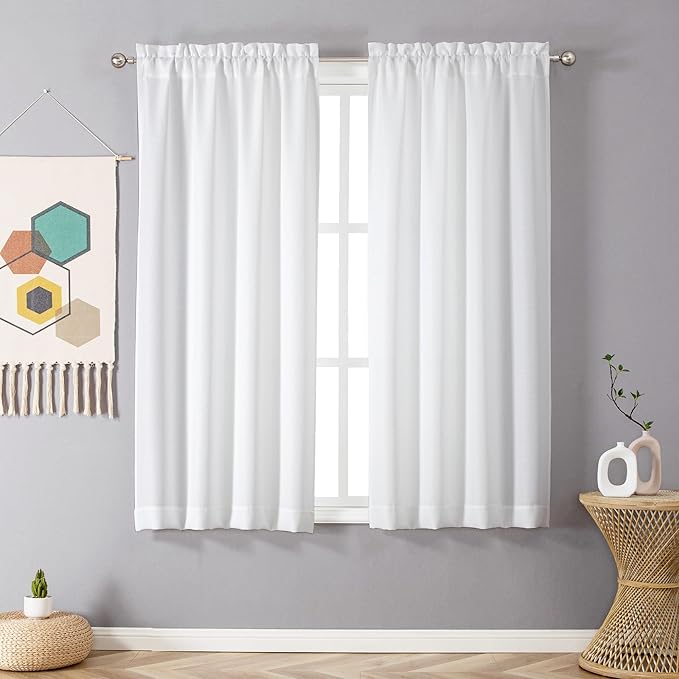 Chyhomenyc White Curtains 63 Inch Length 2 Panels, Faux Linen Textured Semi Light Filtering Soft Airy Rod Pocket Window Treatment Drapes for Living Room Bedroom, 40Wx63L Inch, Set of 2