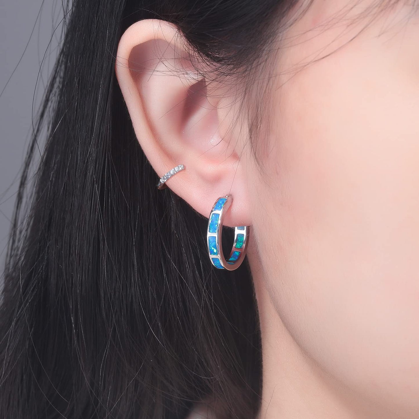 CiNily 2 Pairs Hoop Earring Set for Women Silver Plated Blue Opal Small Hoop Earring Hypoallergenic Cubic Zirconia Tiny Earrings