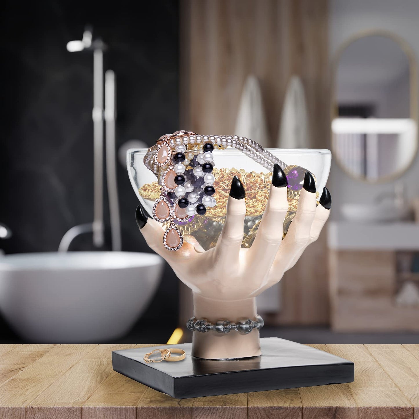 GUTE Witch Hand Candy Bowl Stand – 5" Resin Snack Dish for Treating, Candy Holder Basket Nuts, Jewelry, Snacks, Gothic Party Decoration, Office Centerpiece Countertop Display