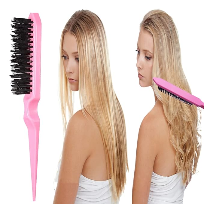 5Pcs Slick Back Brush Set with Topsy Tail Tool, Teasing Bristle, Rat Comb for Women & Girls Hair Styling, Flyaways Control and Edge Combing - Pink