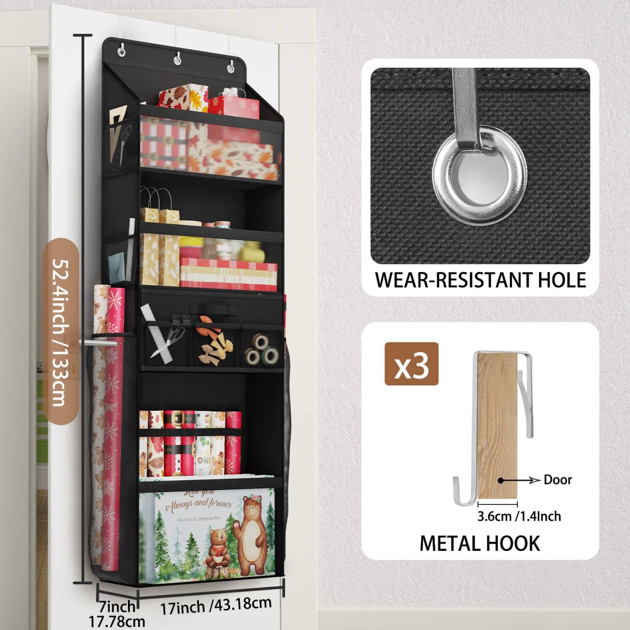 Over Door Wrapping Paper Organizer Storage with Removable Drawer & Side Pockets, Multi-Purpose Over the Door Gift Wrapping Organizer for Gift Bags, Paper, Ribbons, Bows, Ornament and Other Tools