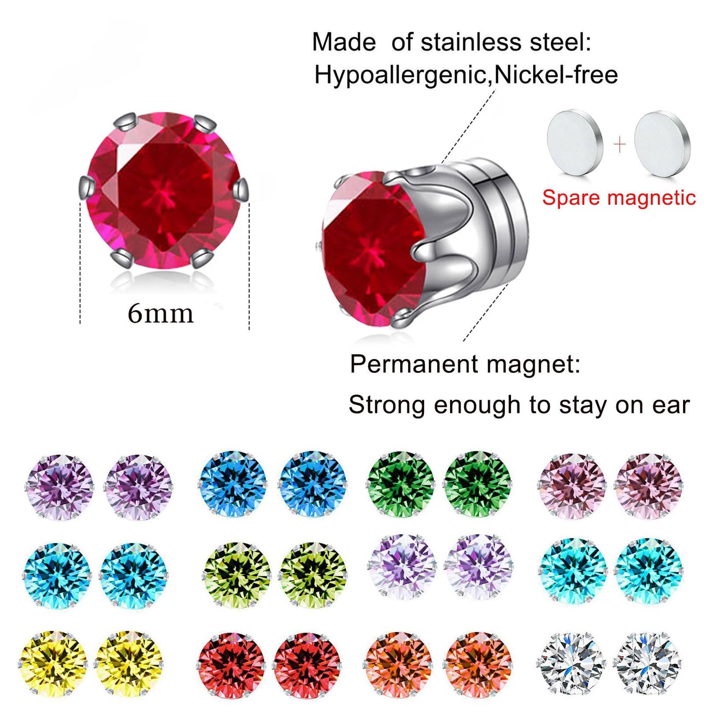 Spiritlele 12 Pairs Hot Pink Cubic Zirconia Magnetic Earrings Clip on Non Piercing Earrings Set Unisex