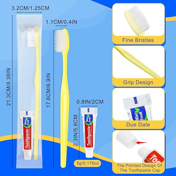 Yellow Disposable Toothbrushes with Toothpaste - Pack of 50,Individually Wrapped Single Use Travel Toothbrushes Kit Bulk for Homeless,Guests,Hotel,Dentist