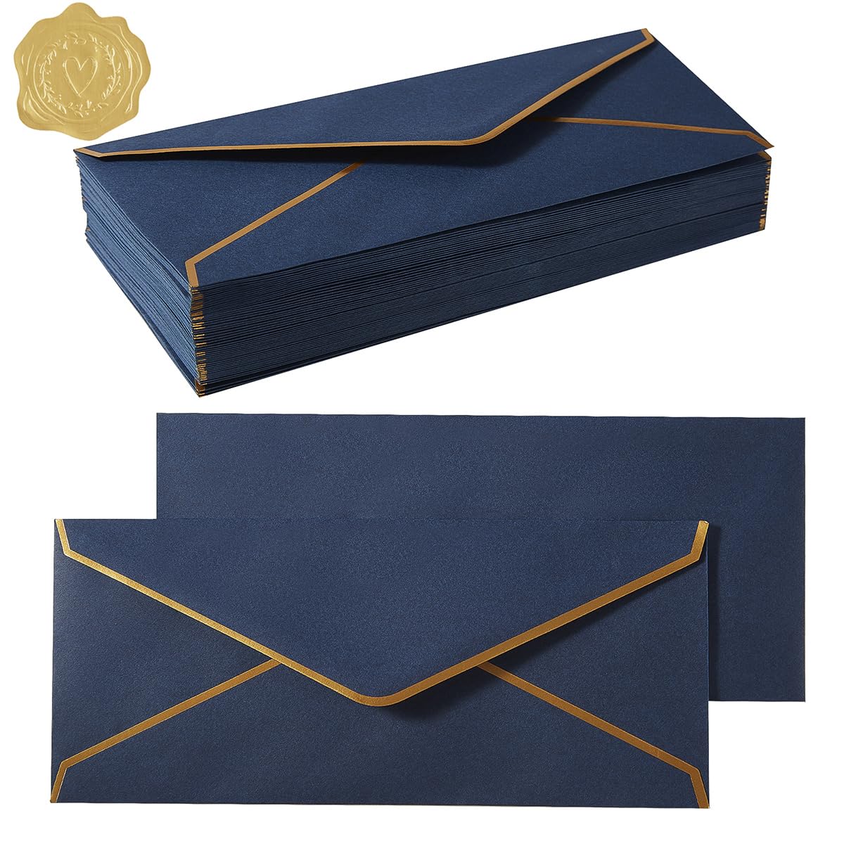 100 Pack #10 Business Envelopes with Gold Border, Self Seal Standard Envelopes with Gold Stickers for Office, Checks, Letter Mailing, Invoices, 4 1/8 x 9 1/2 Inches (Navy Blue)