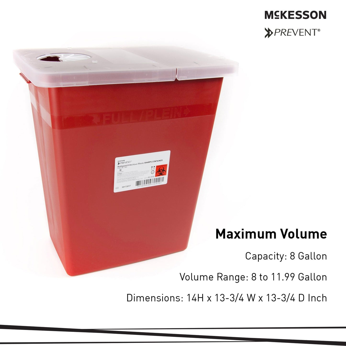 McKesson Prevent Sharps Container, Biohazard, Locking Lid, Red, 8 gal, 13 3/4 in x 13 3/4 in x 14 in