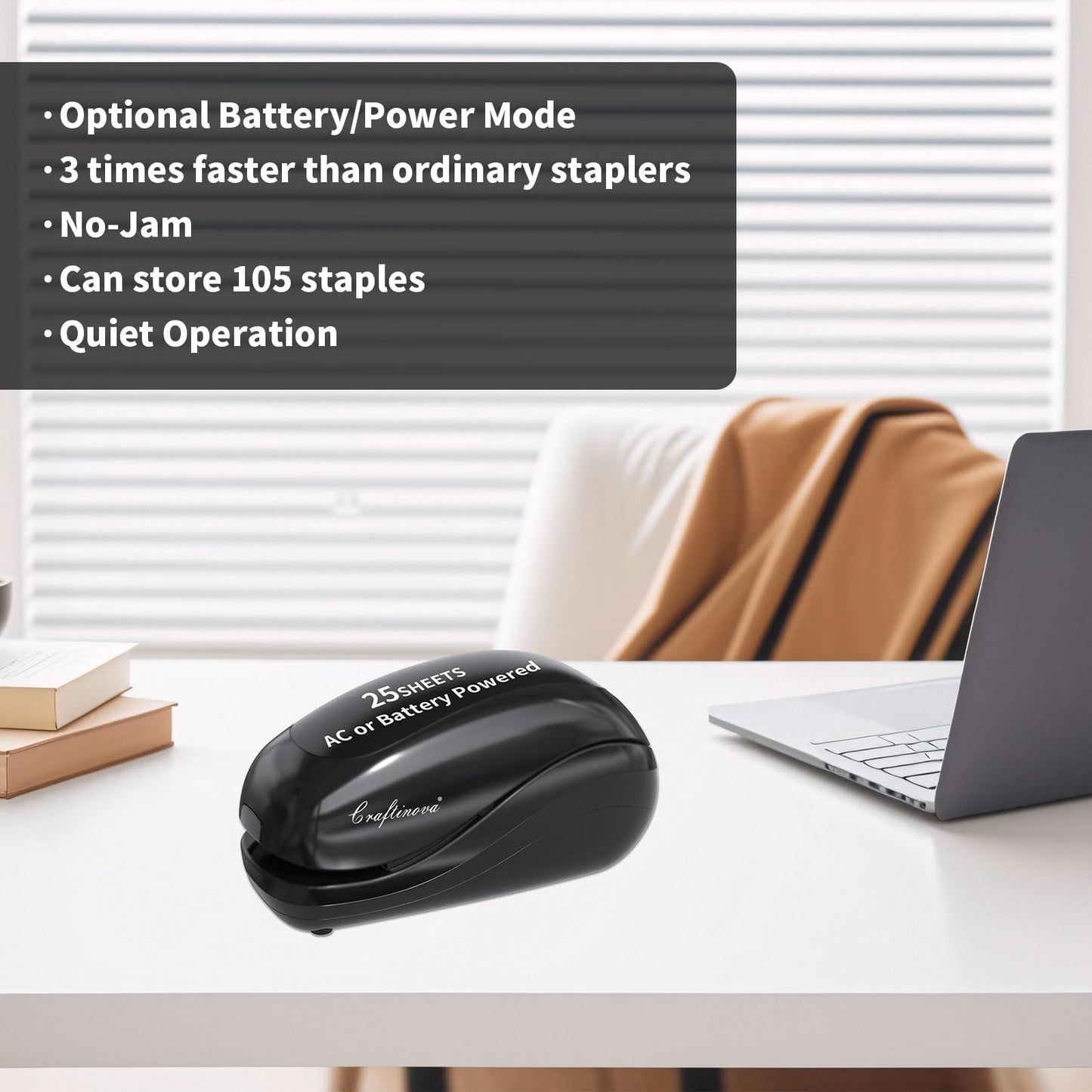 Craftinova Electric Stapler,Including 2000 Staples and 1 Staple Remover, Suitable for Palm Size and high Comfort，25 Sheet Capacity, AC Adapter or Battery Powered，Battery not Included，(Black)…