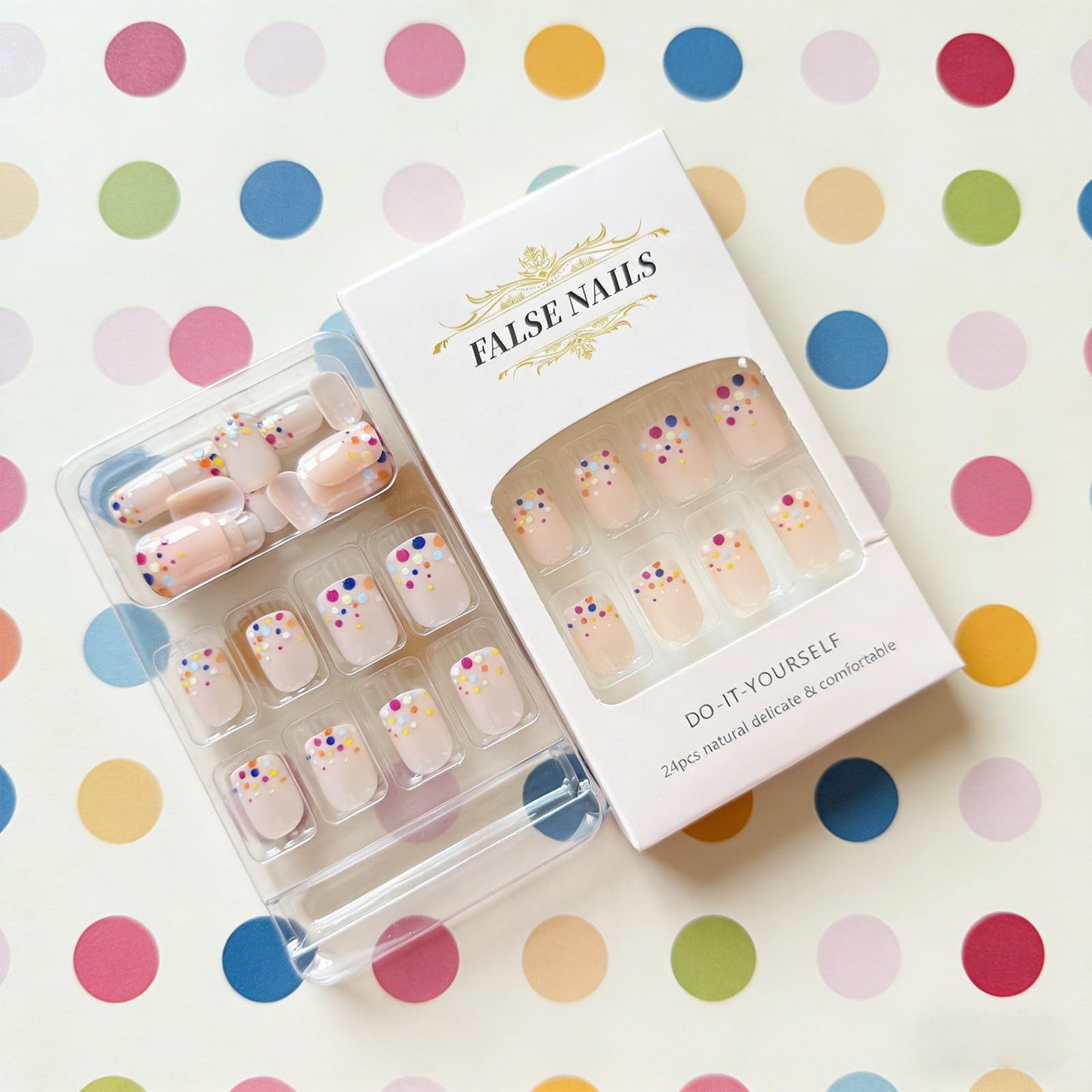 Colorful Polka Dot Press on Nails Short Square Fake Nails with French Dots Design Cute Acrylic False Nail Glossy Full Cover Stick on Nail Reusable Artificial Summer Nails for Women 24Pcs