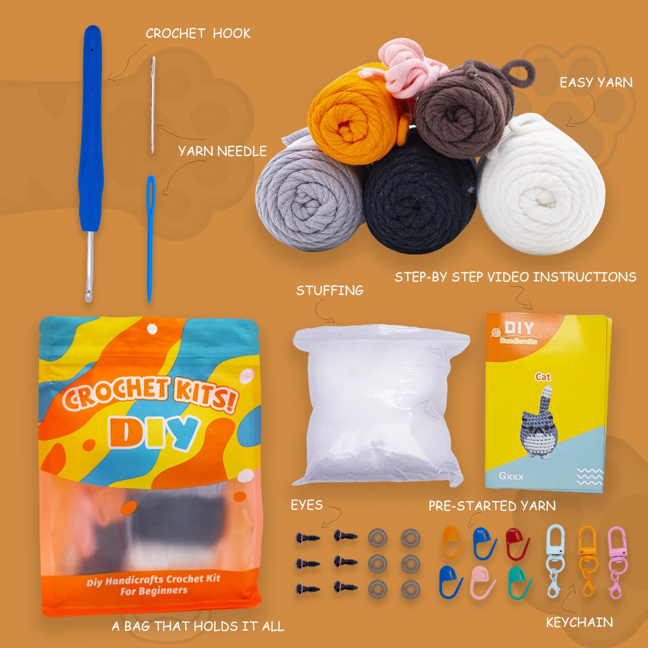 Crochet Kit for Beginners with Step by Step Manual & Video Guides, Amigurumi Crochet Kits for Starters Knitting, Beginner Crochet Animals for Adults Teens with Safety Eyes, Hooks, Easy Yarn, Needles