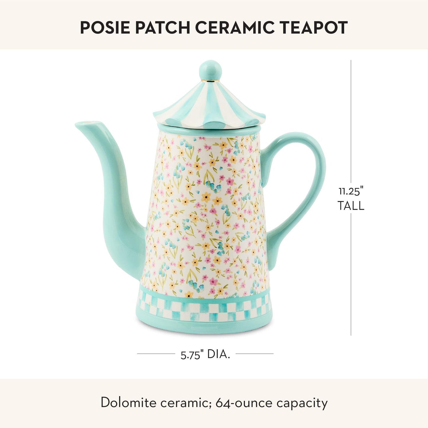 MACKENZIE-CHILDS Ceramic Teapot, Cute Teapot with Lid, 64-Ounce Capacity, Posie Patch