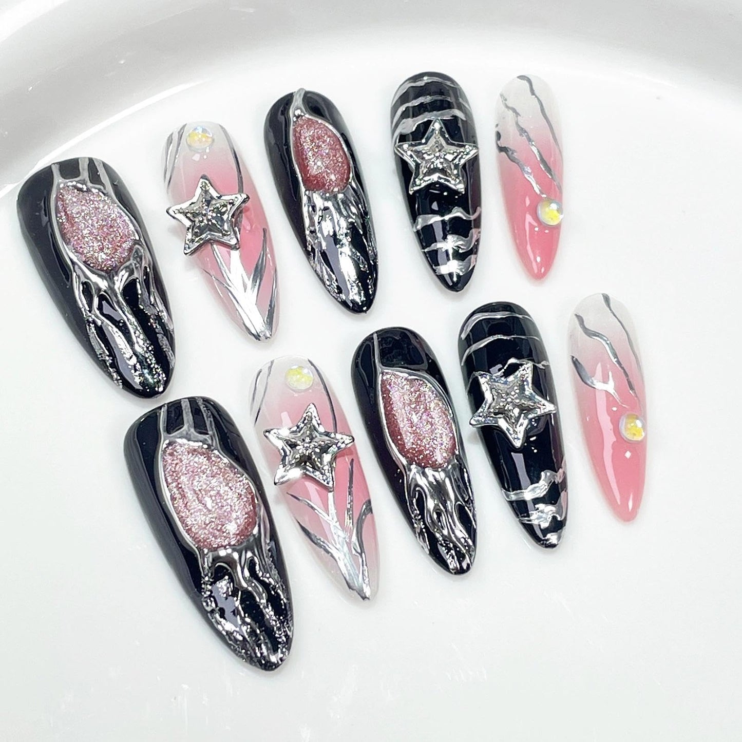 Handmade 3D Sweet Edgy Star Black Pink Stiletto Press On Nails, Metallic Stream Glitter Artisan Nails Set, Reusable Glossy Press-ons with Tool Kit(S)