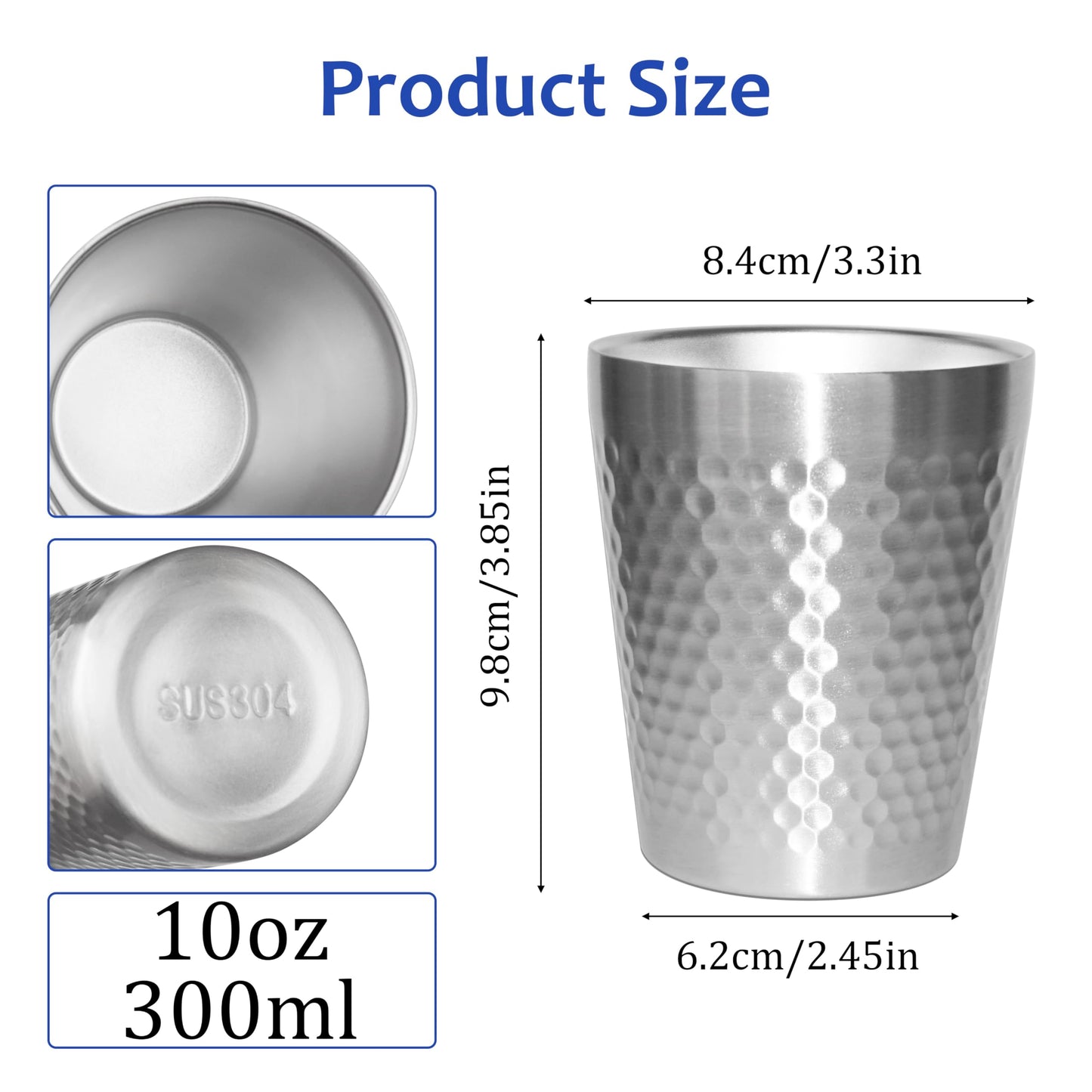TIICOO Stainless Steel Cups 2 Packs 10oz/300ml Stackable Double Wall Insulated Metal Shatterproof Cups Titanium-Plated Diamond Textured Surface Heat Resistant Dishwasher Safe (Silver)