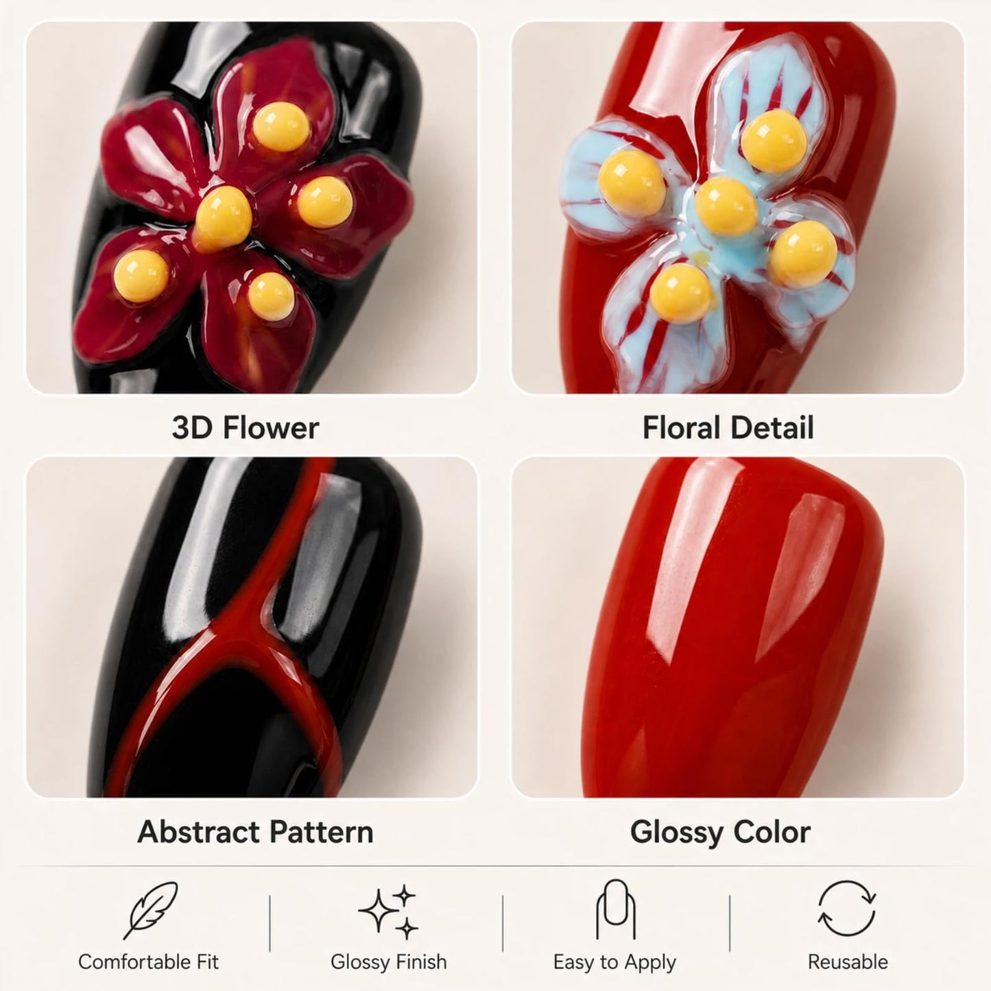 Tesytto Handmade Press on Nails Almond Shape Glossy Reusable False Nails for Nail Art (Crimson Flame Shadow, S)