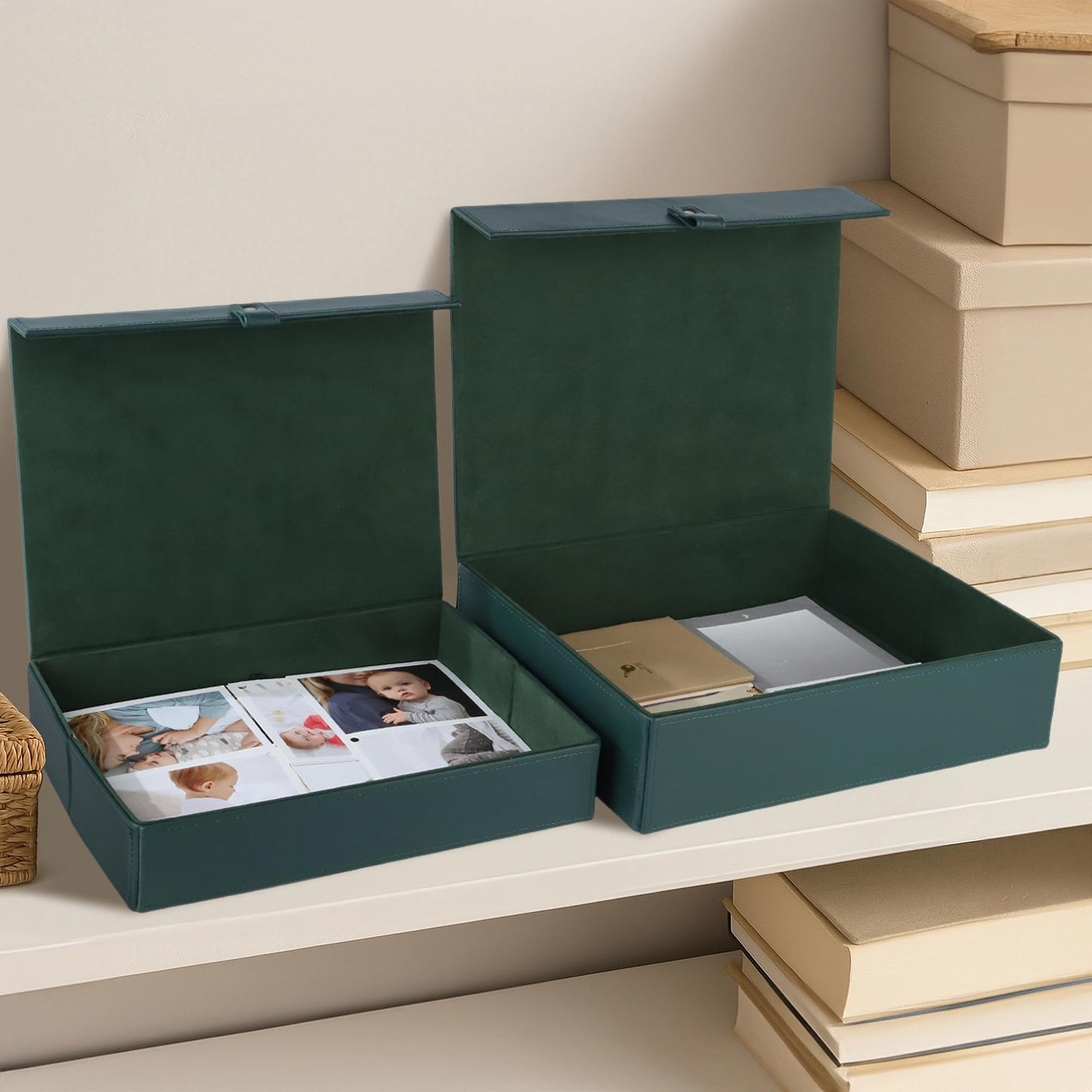 HofferRuffer Photo Storage Boxes with Dust-Proof Lid, Set of 2 Faux Leather Lidded Storage Bins, Photo, Jewelry, Scrapbooking Supplies, Keepsake Organizer for Elegant Home & Office Decor (Green)