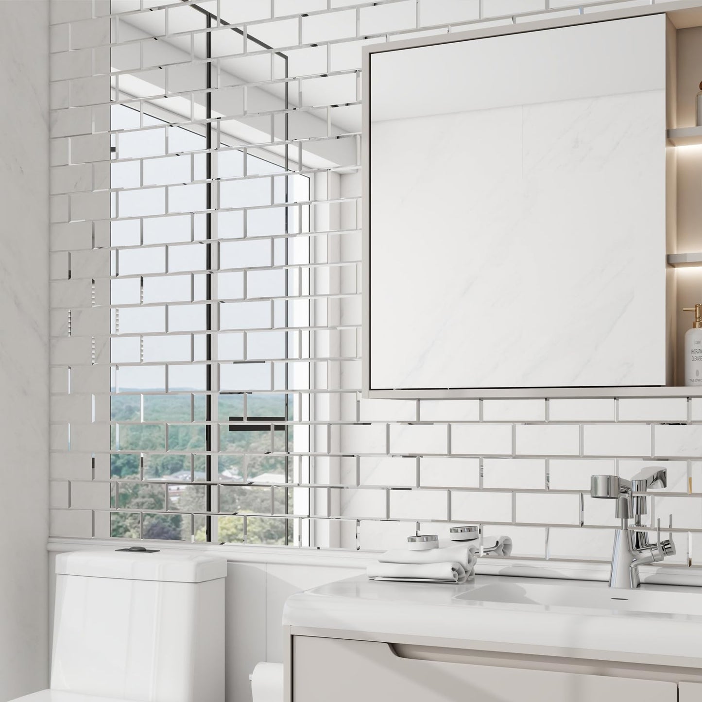 V-MOZZA 40-Pack Greek Silver Beveled Mirror Glass Tiles - 3x6 Real Mirror Subway Tile - Upgraded Industrial Self-Adhesive Backing for Kitchen Backsplash, Accent Wall & Home Decor (5 Sq.Ft)