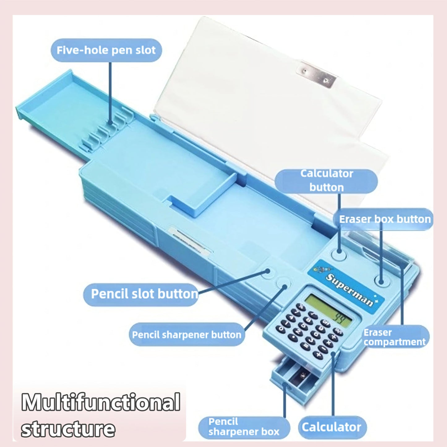 Ristpal Pop Up Multifunction Pencil Case for Boys and Girls with Calculator, Sharpener, Cute School Supplies Pencil Box, Stationery Organizer, Best Gift Birthday Present for Kids(Blue)