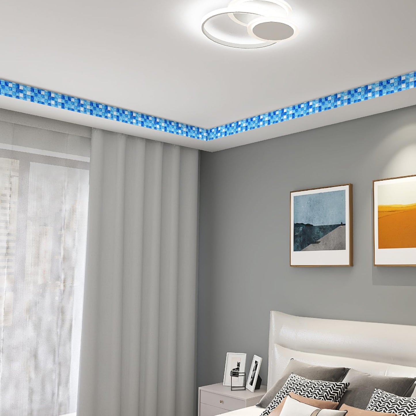 HOMETITUTE Wallpaper Border Peel and Stick Wall Border 4x196 Inch Blue Mosaic Tile Wallpaper Trim Decorative Accent Strip for Bathroom Kitchen Mirror Frame Wall Décor
