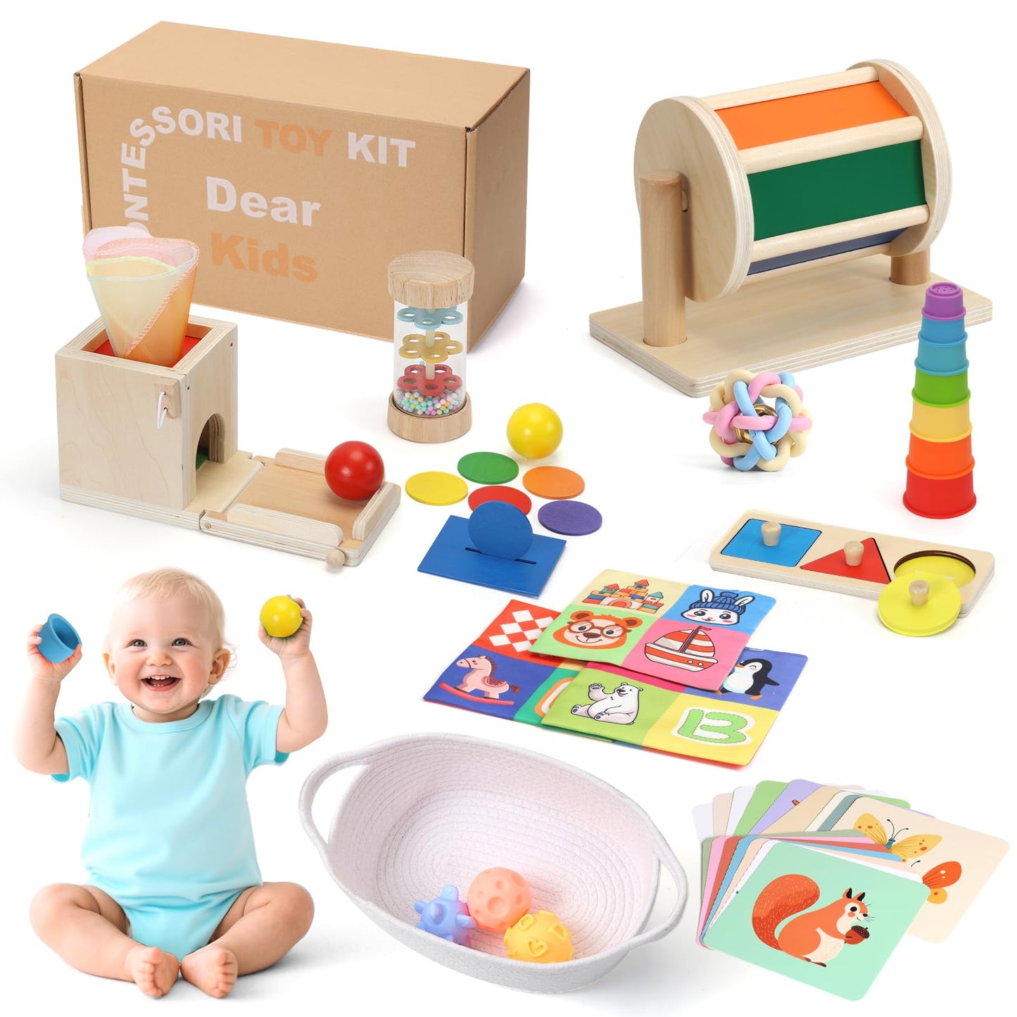 Child-Safe Montessori Educational Sensory Toy Set for Babies and Toddlers 6-12 Months - Must-Have for Early Development - 10 in 1 Wooden Learning Toy kit with Object Permanence Box, Stacking Cups etc
