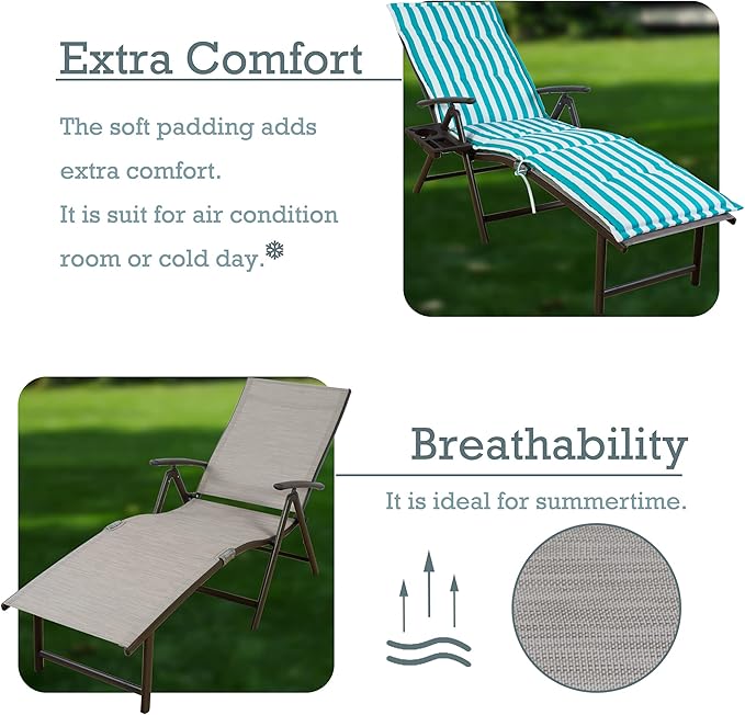 Kozyard Cozy Aluminum Reclining Lounge Chair for Beach, Yard, Pool, Deck, Patio - Outdoor Chaise Lounge with Drink Holder Weather Free Adjustable Assemble-Free Blue Strip Cushion