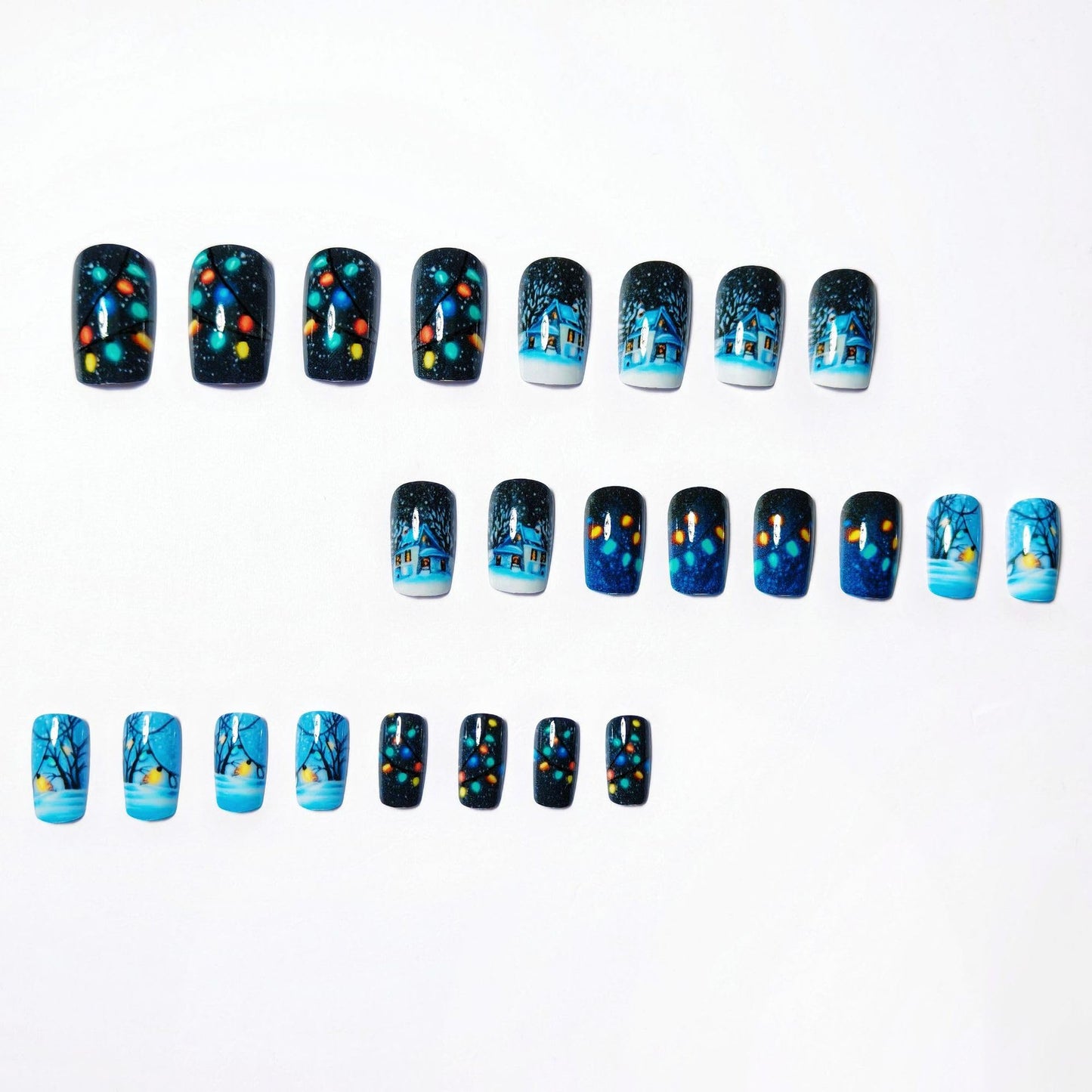 24Pcs Winter Snow House Press on Nails Christmas Short Square Fake Nails with Lantern Designs Snowflake Xmas Glue on Nails Full Cover Cute Acrylic Stick on Nail for Women