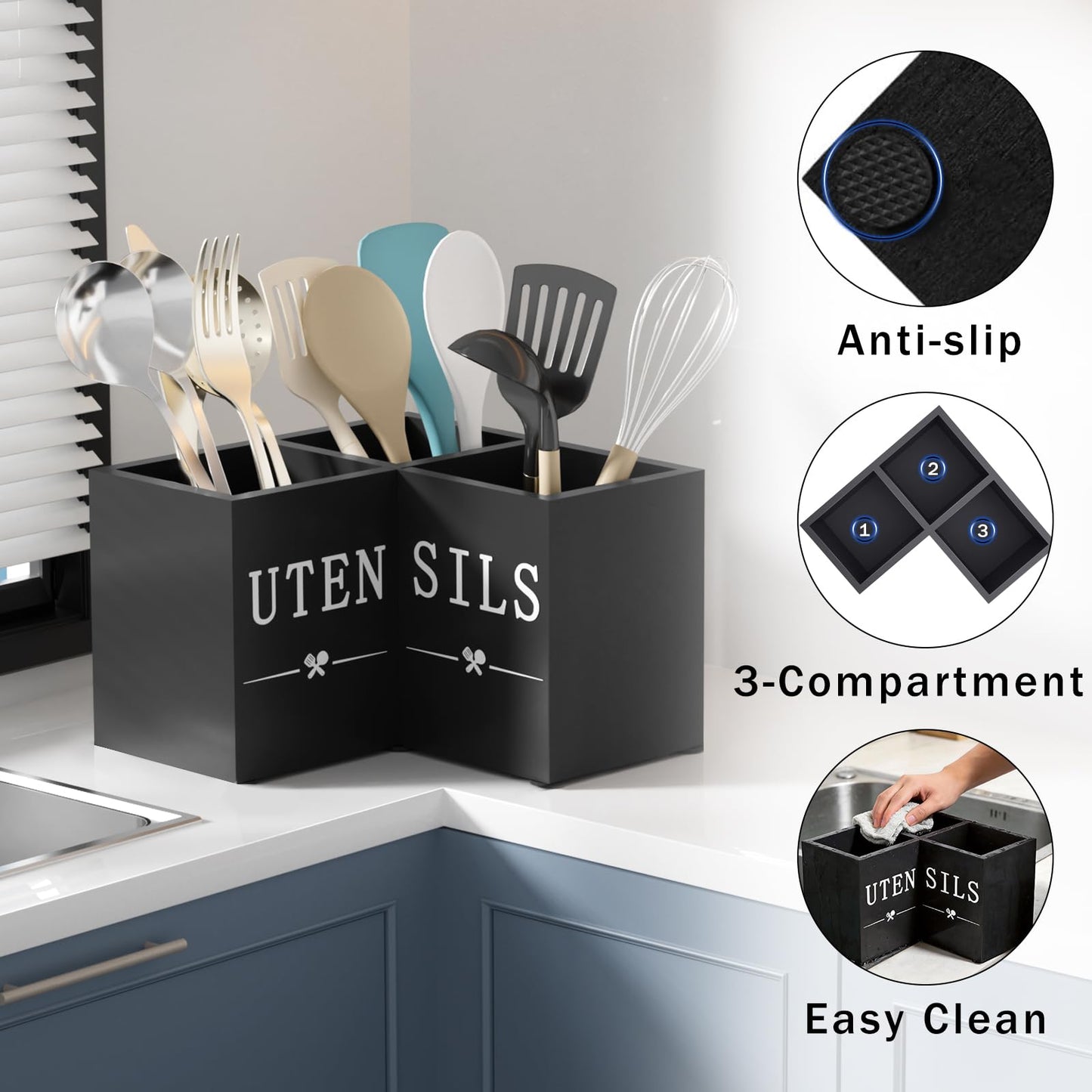 Natheeph Utensil Holder, Kitchen Utensil Holder for Counter, Extra Large Utensil Holder w/ 3-Compartment, Farmhouse Black Utensil Holder with Well-made Wood for Corner Organizer, Housewarming Gift
