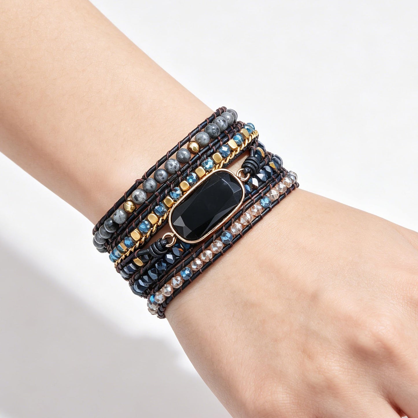 Plumiss Black Onyx Wrap Bracelet for Women Men, Handmade Leather Beaded Bracelet with Natural Black Onyx Crystals, Bohemian Gemstone Statement Bracelet Adjustable Boho Jewelry Gift