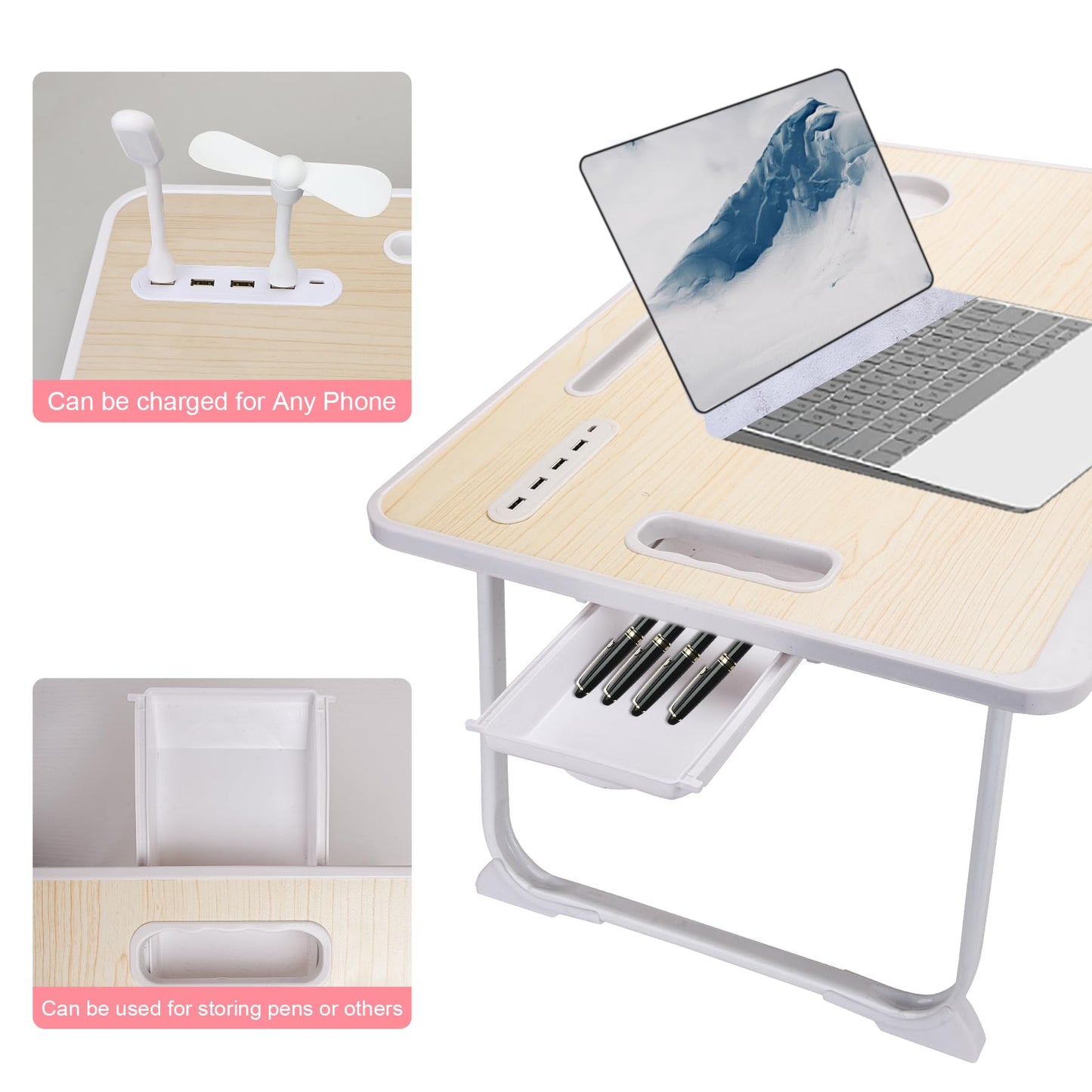 Laptop Bed Table, Laptop Desk for Bed, Foldable Laptop Bed Desk with USB Charge Port, Handle, Desktop Card Slot, Cup Slot, Side Drawer, Laptop Table Portable Notebook Stand for Eating Reading Working