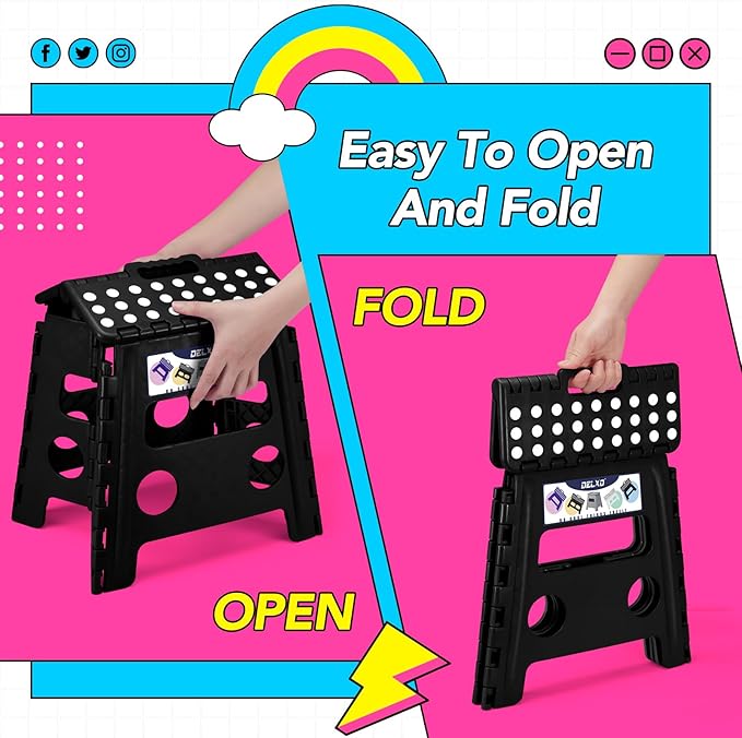 Delxo Folding Step Stool 13 Inch 2 Pack, Black Non-Slip Foldable Stools for Kids & Adults Up to 300 LBS, Step Stool with Handle, Lightweight for Kitchen/Bathroom/Bedroom/Garden
